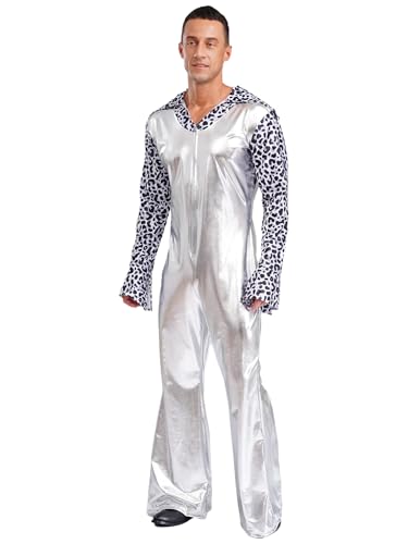 Yiesvsov Männer Hippie Kostüm Disco Outfit Er Party Metallischer Revers Vausschnitt Langärmlig Schlaghose Jumpsuit Clubwear Silber XXL Yiesvsov Männer Hippie Kostüm Disco Outfit Er Party Metallischer Revers Vausschnitt Langärmlig Schlaghose Jumpsuit Clubwear Silber XXL von Yiesvsov
