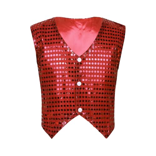 Yiesvsov Unisex Kinderwesten Hip Hop Abendwesten Disco Glänzende Kleider Theater Bühnenkostüm Tanzkleidung Street Dance Blazer Mit Pailletten Elegante Dancewear Rot 146-152 von Yiesvsov