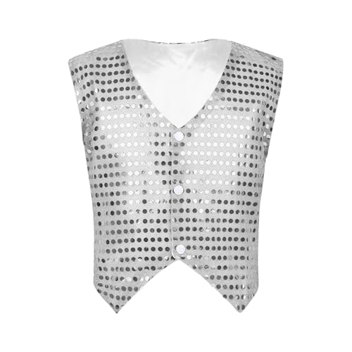 Yiesvsov Unisex Kinderwesten Hip Hop Abendwesten Disco Glänzende Kleider Theater Bühnenkostüm Tanzkleidung Street Dance Blazer Mit Pailletten Elegante Dancewear Silber 158-164 von Yiesvsov