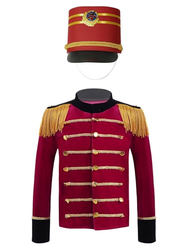 Yiesvsov Zirkus Dompteur Kostüm Für Jungen Kinder Blazer Mit Hut Bandleiter Kostüm Ringmaster Zirkus Halloween Karneval Cosplay Rot B 134-140 von Yiesvsov