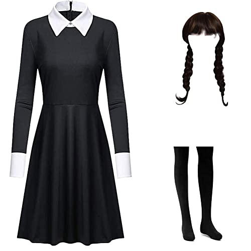 Kostüm Kleid Damen Mädchen Karnival Kosplay Schwartz Kleid Gothic Uniform Kinder Halloween Outfit mit Things und Wig 130 von Yigoo