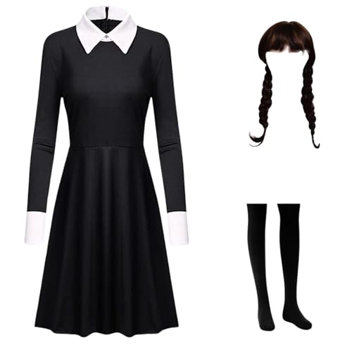 Kostüm Kleid Damen Mädchen Karnival Kosplay Schwartz Kleid Gothic Uniform Kinder Halloween Outfit mit Things und Wig 130 von Yigoo