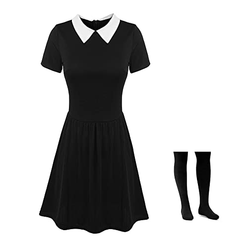 Kostüm Kleid Damen Mädchen Karnival Kosplay Schwartz Kleid Gothic Uniform Kinder Nevermore Academy Halloween Outfit mit Things 140 von Yigoo