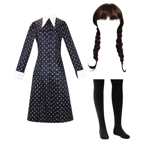 Kostüm Kleid Damen Mädchen Karnival Kosplay Schwartz Kleid Gothic Uniform Kinder Nevermore Academy Halloween Outfit mit Things und Wig 120 von Yigoo