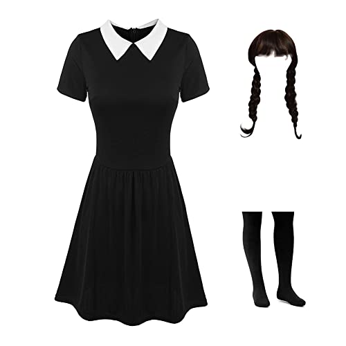 Kostüm Kleid Damen Mädchen Karnival Kosplay Schwartz Kleid Gothic Uniform Kinder Nevermore Academy Halloween Outfit mit Things und Wig 120 von Yigoo