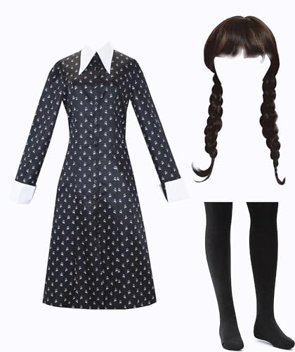 Kostüm Kleid Damen Mädchen Karnival Kosplay Schwartz Kleid Gothic Uniform Kinder Nevermore Academy Halloween Outfit mit Things und Wig 130 von Yigoo