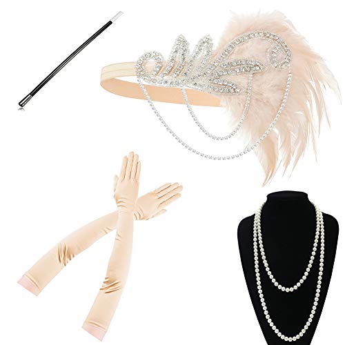 Yigoo 20er Jahre Charlestonkleider Accessoires Damen 1920s Flapper Gatsby Kostüm Zubehör, Zigarettenhalter Federboa Stirnband Perlenkette Handschuhe Gold von Yigoo
