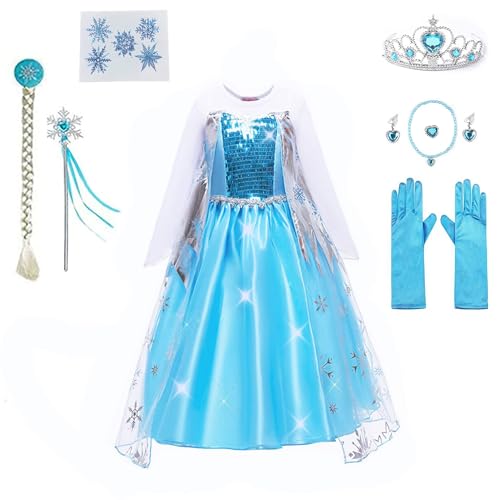 Yigoo Elsa Kostüm Mädchen Eiskönigin Prinzessin Kleid Glanz Kinder Weihnachten Verkleidung Karneval Party Halloween Fest 130 von Yigoo