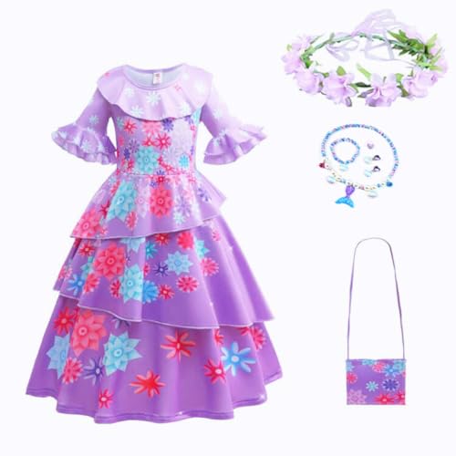 Yigoo Encanto Kostüm Mädchen Isabela Madrigal Outfit Prinzessin Karneval Party Halloween Fest Weihnachten Verkleidung mit Tasche Girlande Ohrring Halskette 100 von Yigoo