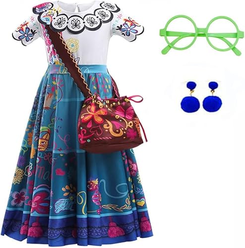 Yigoo Encanto Kostüm Mädchen Mirabel Madrigal Outfit Prinzessin Karneval Party Halloween Fest Weihnachten Verkleidung mit Tasche Ohrring Brille 110 von Yigoo