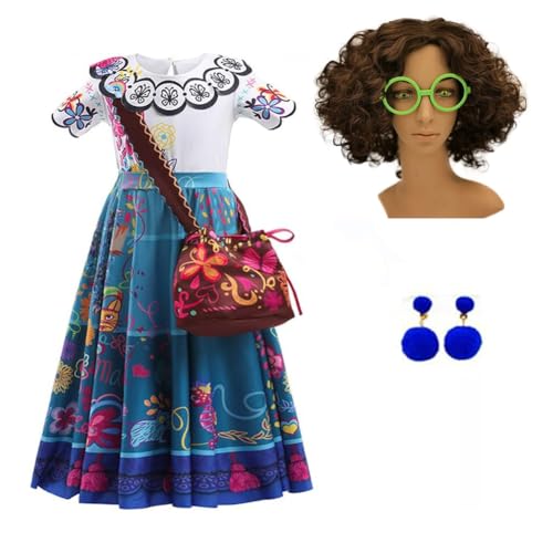 Yigoo Encanto Kostüm Mädchen Mirabel Madrigal Outfit Prinzessin Karneval Party Halloween Fest Weihnachten Verkleidung mit Tasche Perücke Brille Ohrring 110 von Yigoo