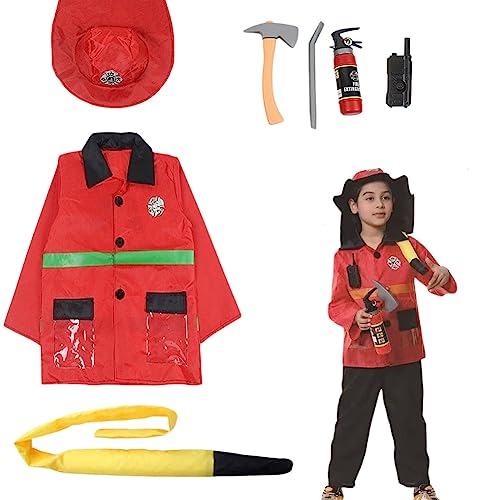 Yigoo Feuerwehr Kostüm Kinder Rollenspiel Feuerwehrmann Langarm mit Spielzeug Zubehör Weihnachten Verkleidung Karneval Party Halloween Fest von Yigoo