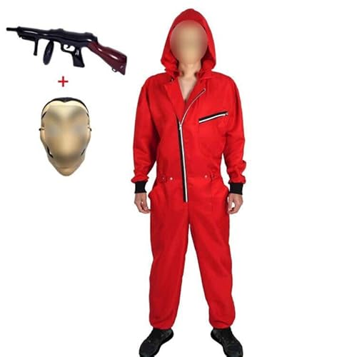 Yigoo Karneval, Halloween Fasching Kostüm Overall mit Maske und Spielzeugpistole Cosplay für Herren, Damen Erwachsene Rot 2XL von Yigoo