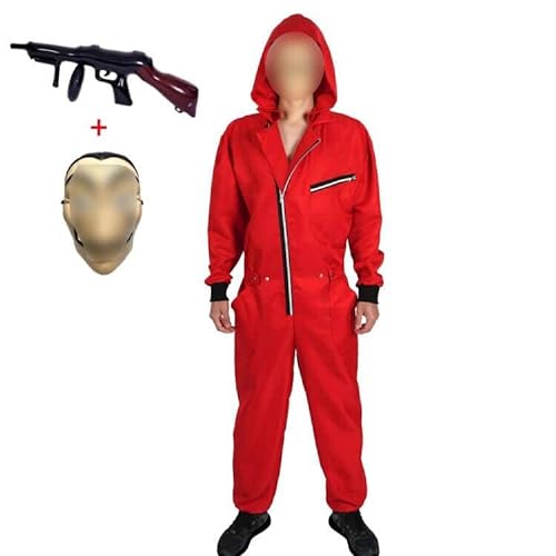 Yigoo Karneval, Halloween Fasching Kostüm Overall mit Maske und Spielzeugpistole Cosplay für Herren, Damen Erwachsene Rot XL von Yigoo