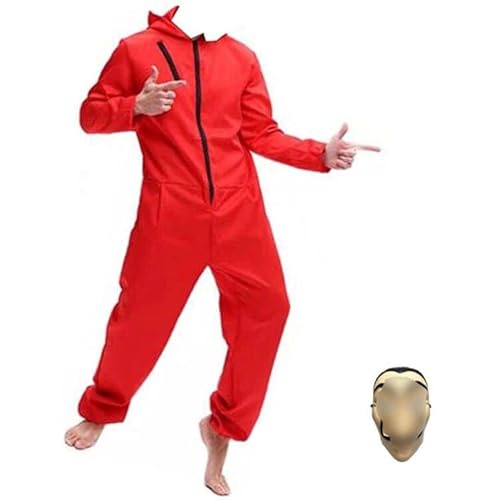 Yigoo Karneval Halloween Bankräuber Fasching Kostüm Overall mit Maske Cosplay für Herren, Damen Erwachsene Rot 2XL von Yigoo