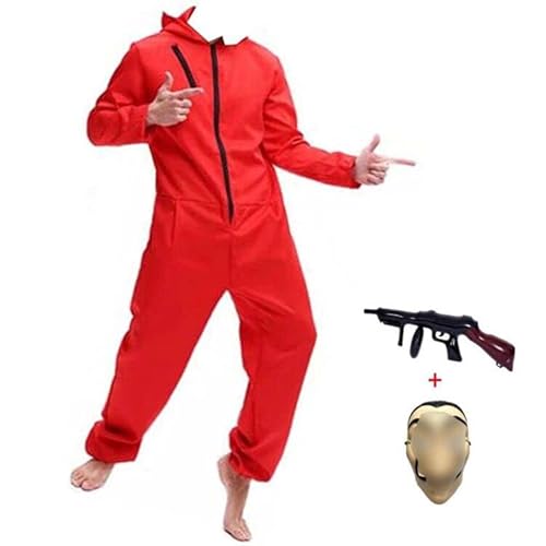 Yigoo Karneval Halloween Bankräuber Fasching Kostüm Overall mit Maske und Spielzeugpistole Cosplay für Herren, Damen Erwachsene Rot L von Yigoo