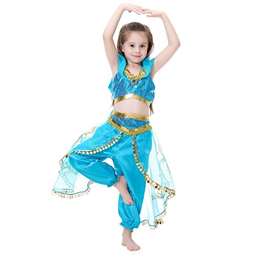 Yigoo Karneval Kostüm Kinder Mädchen Jasmin Prinzessin Pailletten Cosplay Crop Top Hose Verkleidung Fasching Party 140 von Yigoo