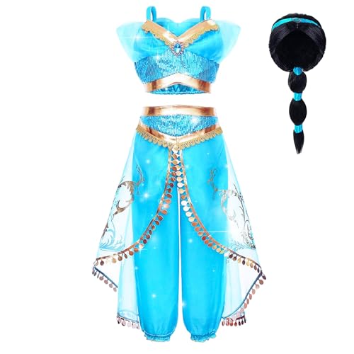 Yigoo Prinzessin Kostüm Mädchen Jasmin Kostüm Kinder Frauen Aladdin Kleid Weihnachten Verkleidung Karneval Party Halloween Fest mit Perücke 140 von Yigoo
