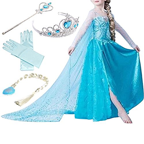 Yigoo Elsa Kostüm Mädchen Eiskönigin Prinzessin Kleid Glanz Kinder Weihnachten Verkleidung Karneval Party Halloween Fest 100 von Yigoo