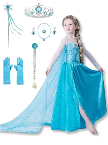 Yigoo Elsa Kostüm Mädchen Eiskönigin Prinzessin Kleid Glanz Kinder Weihnachten Verkleidung Karneval Party Halloween Fest 100 von Yigoo