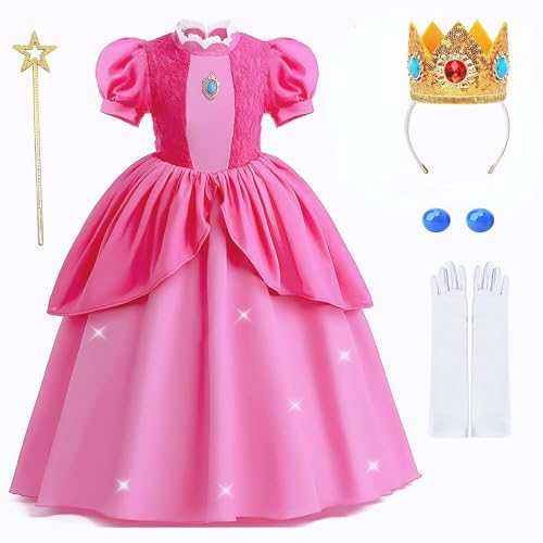 Yigoo Prinzessin Peach Kostüm Pfirsich Mädchen Kleider Glanz Kinder Karneval Party Halloween Weihnachten Verkleidung Set mit Krone Handschuhe Zauberstab Ohrring 100 von Yigoo