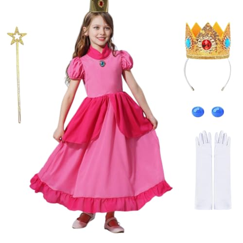 Yigoo Prinzessin Peach Kostüm Pfirsich Mädchen Kleider Glanz Kinder Karneval Party Halloween Weihnachten Verkleidung Set mit Krone Handschuhe Zauberstab Ohrring 110 von Yigoo