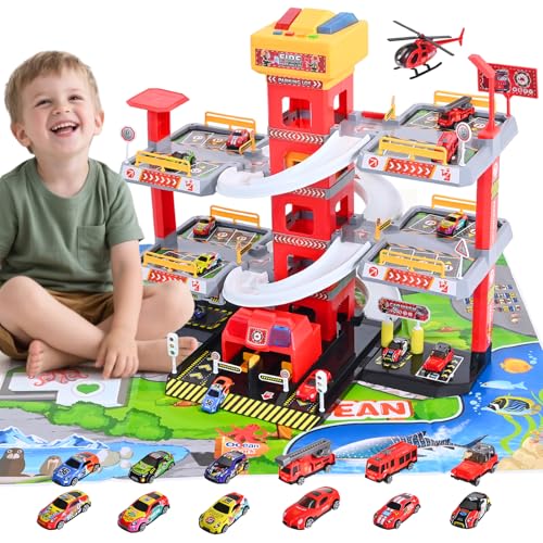 5 Stockwerke Parkgarage für Kinder, Spielzeug Parkhaus mit 12 Autos und 1 Hubschrauber, Feuerwehrauto Spielzeug mit Aufzug, Licht & Sound,Geschenke für Kinder 3 4 5 6 7 8 9 Jahren von Yigowyigo