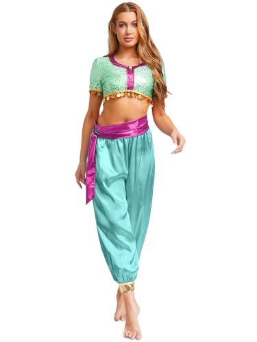 Yihuimin Damen 2-teilige Glitzer Bauchtanz Kostüm Pailletten Crop Top mit Satin Hose Kurzarm Oberteile Tanzhose Prinzessin Outfit Bühnenkostüm Halloween Cosply Minzgrün S Yihuimin Damen 2-teilige Glitzer Bauchtanz Kostüm Pailletten Crop Top mit Satin Hose Kurzarm Oberteile Tanzhose Prinzessin Outfit Bühnenkostüm Halloween Cosply Minzgrün S von Yihuimin