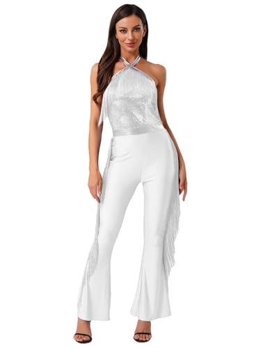 Yihuimin Damen 70er Disco Kostüm Glitzer Pailletten Jumpsuit Fransen Overall Mit Schlaghosen Rückenfrei Bodysuit Halloween Fasching Kostüm Rave Outfit Silber S Yihuimin Damen 70er Disco Kostüm Glitzer Pailletten Jumpsuit Fransen Overall Mit Schlaghosen Rückenfrei Bodysuit Halloween Fasching Kostüm Rave Outfit Silber S von Yihuimin