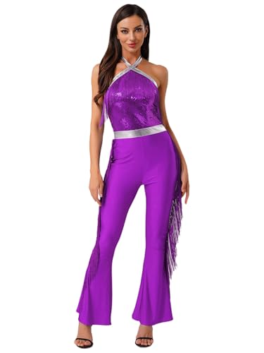 Yihuimin Damen 70er Disco Kostüm Glitzer Pailletten Jumpsuit Fransen Overall Mit Schlaghosen Rückenfrei Bodysuit Halloween Fasching Kostüm Rave Outfit Violett M von Yihuimin