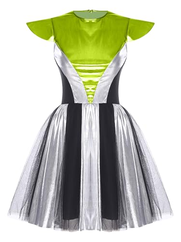 Yihuimin Damen Alien Kostüm Space Girl Kleid Ärmellos Glänzend Metallic Kleid mit Tüllrock Astronauten Uniform Halloween Cosplay Set Karnevalskostüm von Yihuimin