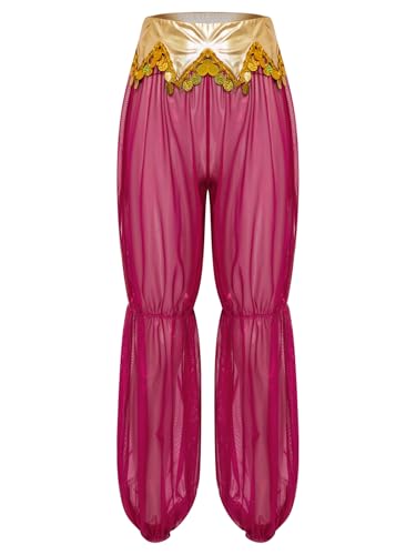 Yihuimin Damen Arabische Prinzessin Hosen mit Goldbesatz Pailletten Durchsichtige Mesh Haremshose Lange Bauchtanz Hose Halloween Karneval Kostüm Clubwear Hot Pink XXL von Yihuimin