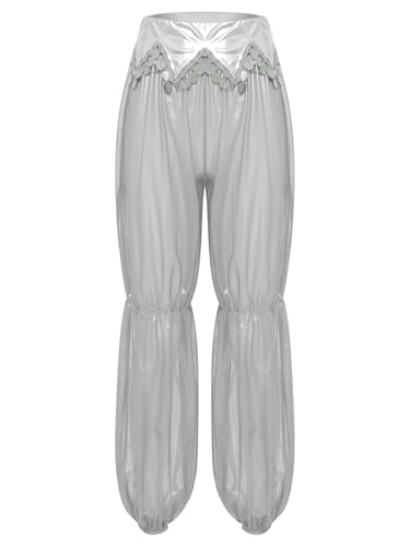 Yihuimin Damen Arabische Prinzessin Hosen mit Goldbesatz Pailletten Durchsichtige Mesh Haremshose Lange Bauchtanz Hose Halloween Karneval Kostüm Clubwear Weiß XL von Yihuimin