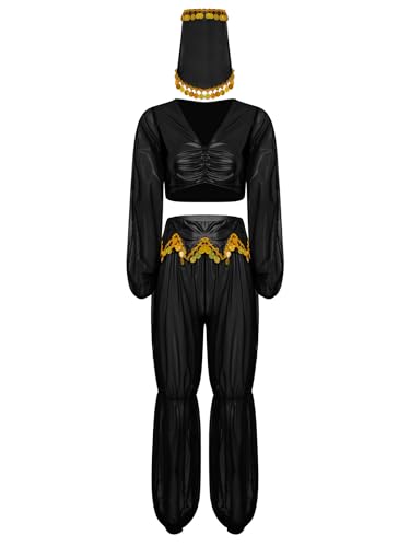 Yihuimin Damen Arabische Prinzessin Kostüm Halloween Cosplay 3-teiliges Glitzer Metallic Top mit Mesh Hosen und Schleier Bauchtanz Kostüme Karneval Kostüm Schwarz XXL von Yihuimin