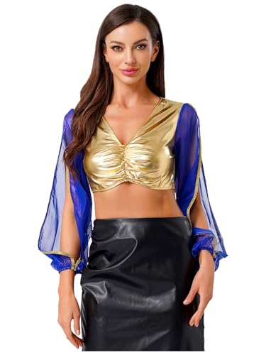 Yihuimin Damen Arabische Prinzessin Kostüm Metallic Crop Top Mesh Patchwork Bauchfreie Oberteile V-ausschnitt Bauchtanz Top Halloween Faschingskostüm Königsblau XXL von Yihuimin