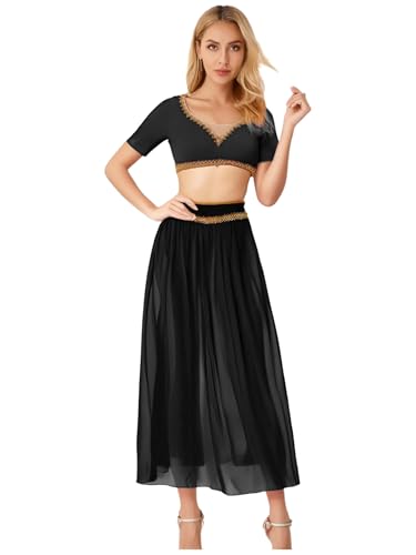 Yihuimin Damen Bauchtanz Kostüm V-ausschnitt Kurzarm Crop Top und Chiffon Langrock Arabische Prinzessin Kostüm Karnevalskostüm Halloween Clubwear Schwarz S von Yihuimin