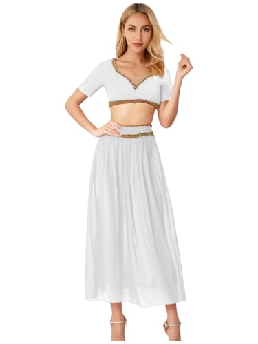 Yihuimin Damen Bauchtanz Kostüm V-ausschnitt Kurzarm Crop Top und Chiffon Langrock Arabische Prinzessin Kostüm Karnevalskostüm Halloween Clubwear Weiß S von Yihuimin