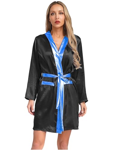 Yihuimin Damen Boxmantel Mit Kapuze Boxen Satinmantel Muay Thai Uniformen Boxkampf Kostüm Halloween Fasching Kostüm Schwarz&Blau 42 von Yihuimin