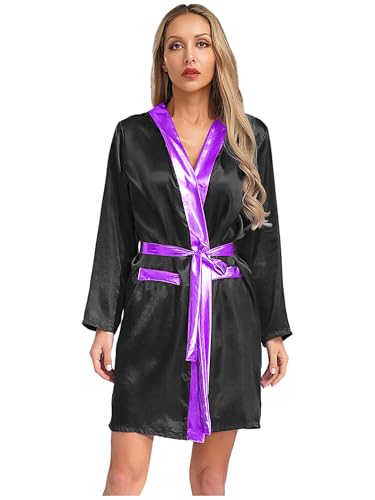 Yihuimin Damen Boxmantel Mit Kapuze Boxen Satinmantel Muay Thai Uniformen Boxkampf Kostüm Halloween Fasching Kostüm Schwarz&Lila 40 von Yihuimin
