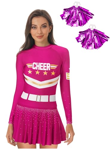 Yihuimin Damen Cheer Leader Kostüm Langarm Tanzkleid Mit Pompoms Cheerleading Uniform Outfits Eiskunstlauf Kleid Halloween Fasching Kostüm Hot Pink XXL von Yihuimin