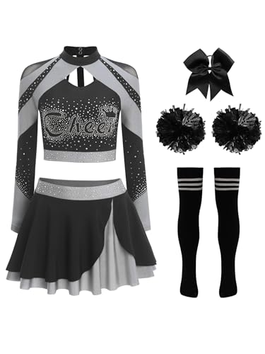 Yihuimin Damen Cheer Leader Kostüm Patchwork Langarm Crop Top mit Glitzer Strass Minirock Haarband Blumenball Socken 5-teiliges Outfit Tanzkostüm Fasching Kostüm Grau B XXL Yihuimin Damen Cheer Leader Kostüm Patchwork Langarm Crop Top mit Glitzer Strass Minirock Haarband Blumenball Socken 5-teiliges Outfit Tanzkostüm Fasching Kostüm Grau B XXL von Yihuimin