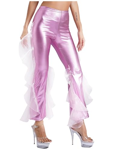 Yihuimin Damen Disco Kostüm 70er 80er Metallic Hose Glitzer Leggings mit Rüschenorganza High Waist Schlaghose Tanzkostüm Clubwear Mottopartys Rosa M von Yihuimin