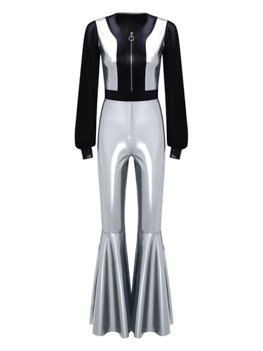 Yihuimin Damen Disco Kostüm 70er Halloween Vintage Disco Jumpsuit Metallic Patchwork Overall Langarm Bodysuit Faschingskostüm Rave Clubwear Silber S Yihuimin Damen Disco Kostüm 70er Halloween Vintage Disco Jumpsuit Metallic Patchwork Overall Langarm Bodysuit Faschingskostüm Rave Clubwear Silber S von Yihuimin