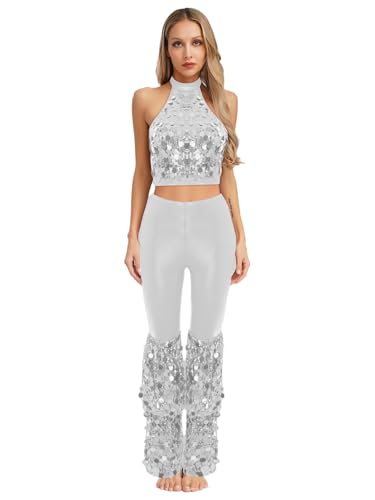 Yihuimin Damen Disco Kostüm 70er Jahre Glitzer Rückenfrei Oberteile mit Pailletten Schlaghosen Retro Hose Lang Tanzkleidung Clubwear Nachtclubs Weiß S von Yihuimin