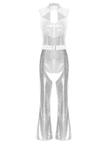 Yihuimin Damen Disco Kostüm Halloween Glitzer Pailletten Jumpsuit Offener Schritt Bodysuit Hollow Out Schlaghosen Karnevalskostüm Rave Outfit Clubwear Silber XXL von Yihuimin