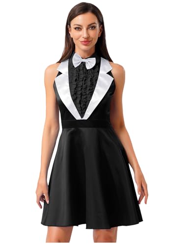 Yihuimin Damen Dumber Cosplay Kleid 70er 80er Halloween Ärmellos Minikleid A-linie Kleid mit Fliege Karneval Kostüm Mottopartys Rave Outfit Clubwear Schwarz M von Yihuimin