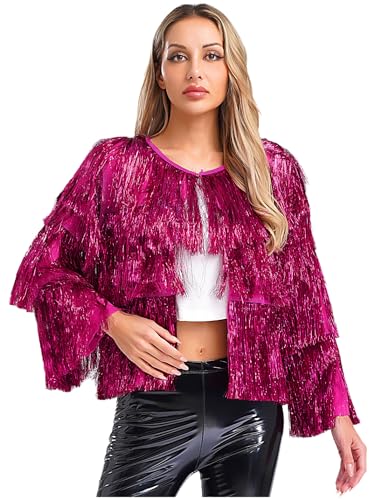 Yihuimin Damen Glänzende Top Offene Front Langarm Jacke mit Etagen Tasseln Disco Kostüm Party Rave Outfit Clubwear Fasching Kostüm Hot Pink L von Yihuimin