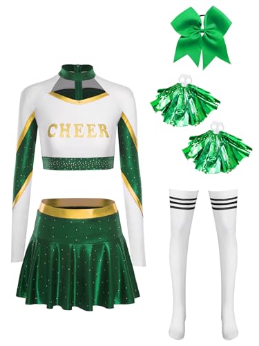 Yihuimin Damen Glitzer Cheer Leader Kostüm 5-teiliges Farbblock Crop Top+ Faltenrock+ Haarband+ Pompons+ Socken Tanzkostüm Karnevalskostüm Halloween Grün XXL Yihuimin Damen Glitzer Cheer Leader Kostüm 5-teiliges Farbblock Crop Top+ Faltenrock+ Haarband+ Pompons+ Socken Tanzkostüm Karnevalskostüm Halloween Grün XXL von Yihuimin