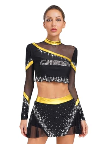 Yihuimin Damen Glitzer Cheer Leader Kostüm Cheerleadering Uniform Langarm Crop Top mit Minirock Tanzkostüm Halloween Rave Outfit Gold XXL Yihuimin Damen Glitzer Cheer Leader Kostüm Cheerleadering Uniform Langarm Crop Top mit Minirock Tanzkostüm Halloween Rave Outfit Gold XXL von Yihuimin