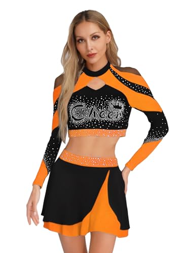 Yihuimin Damen Glitzer Cheer Leader Kostüm Crop Top Bauchfrei Oberteile mit Minirock Cheerleading Uniform Langarm Fasching Clubwear Orange L von Yihuimin